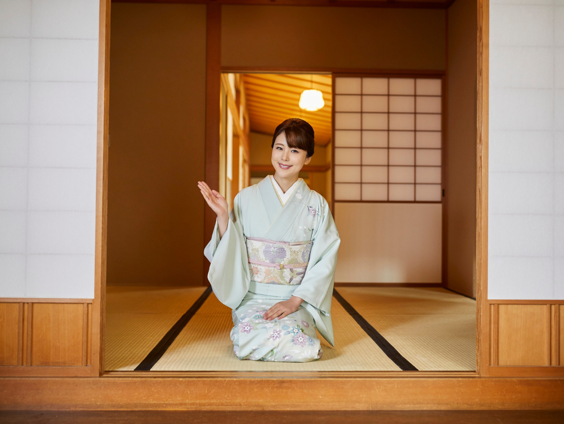 Señora japonesa saludando en un habitación de hotel típica