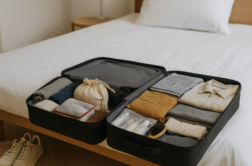 Maleta abierta con ropa doblada, neceser y zapatillas junto a una cama blanca, lista para un viaje corto
