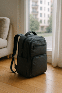 Mochila de viaje apoyada en el suelo junto a una ventana, preparada para una escapada de pocos días