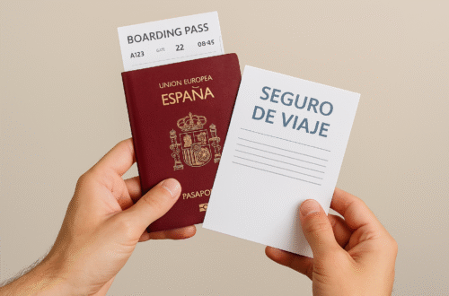 Manos sujetando un pasaporte español, tarjeta de embarque y póliza de seguro de viaje sobre una mesa clara, en formato horizontal