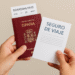 Manos sujetando un pasaporte español, tarjeta de embarque y póliza de seguro de viaje sobre una mesa clara, en formato horizontal