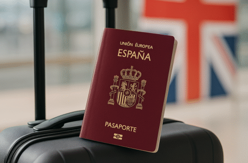 Pasaporte español y maleta listos para viajar al Reino Unido
