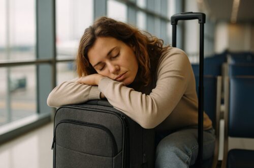 Persona agotada por jet lag dormida sobre su maleta en sala de espera del aeropuerto