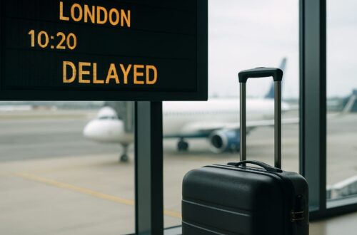 Pantalla de aeropuerto con vuelo retrasado y maleta junto a la puerta de embarque