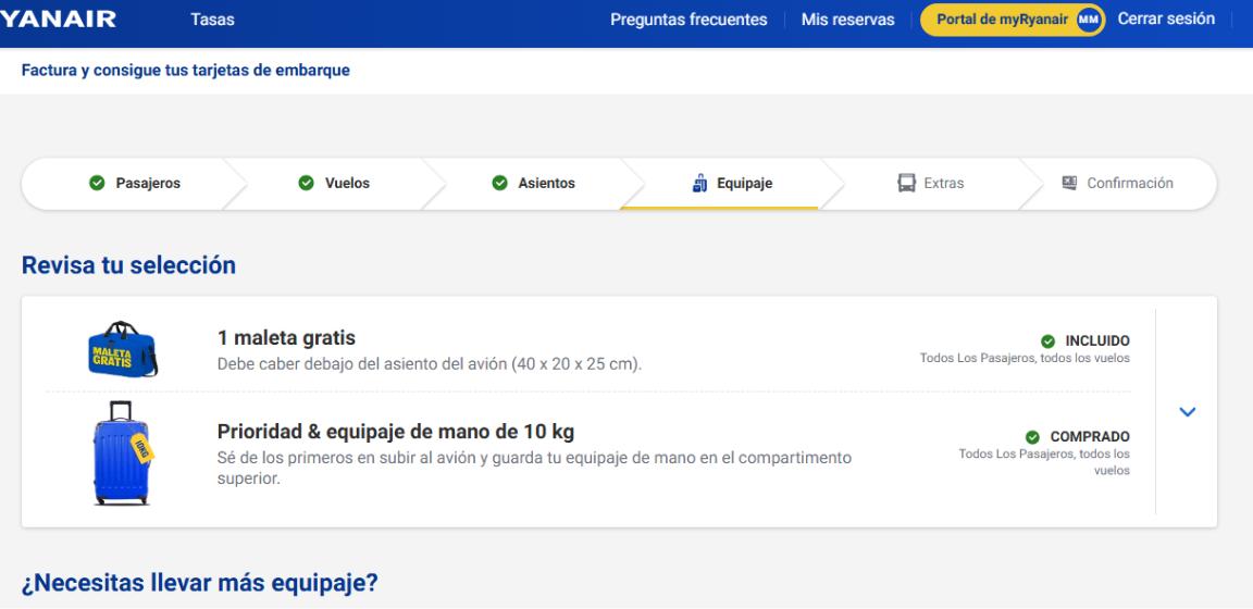 panel de asientos y equipaje para el check-in