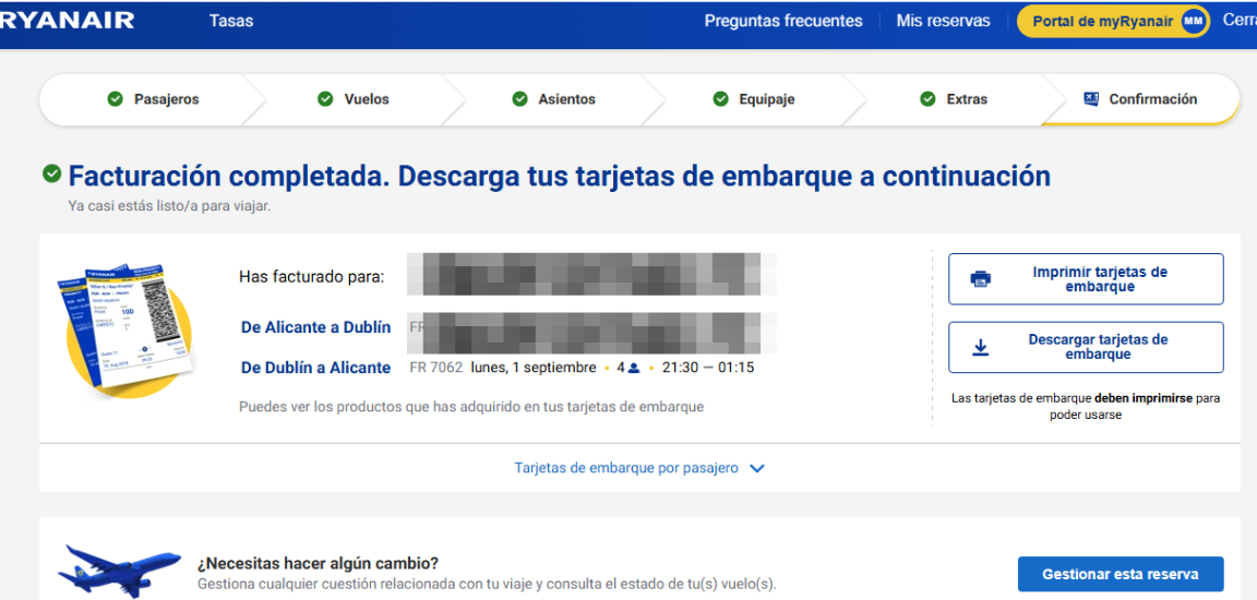 confirmación tarjetas de embarque Ryanair
