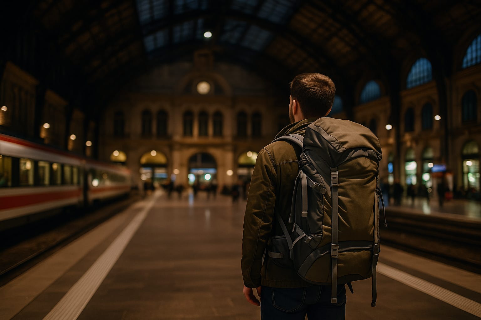 mochilero viajando solo en estación de tren Europa