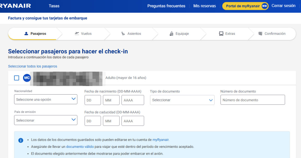 selección de pasajeros para realizar el check-in online