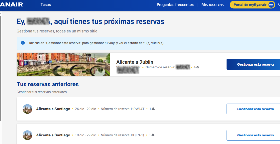 panel de reservas Ryanair