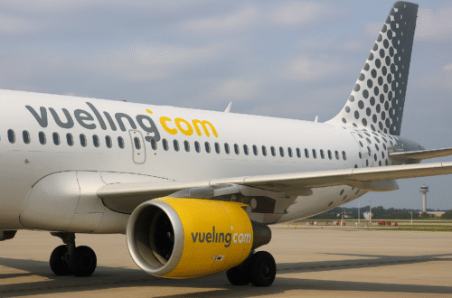 Avión de Vueling Airbus A320 con motor amarillo y cola con puntos, estacionado en el aeropuerto
