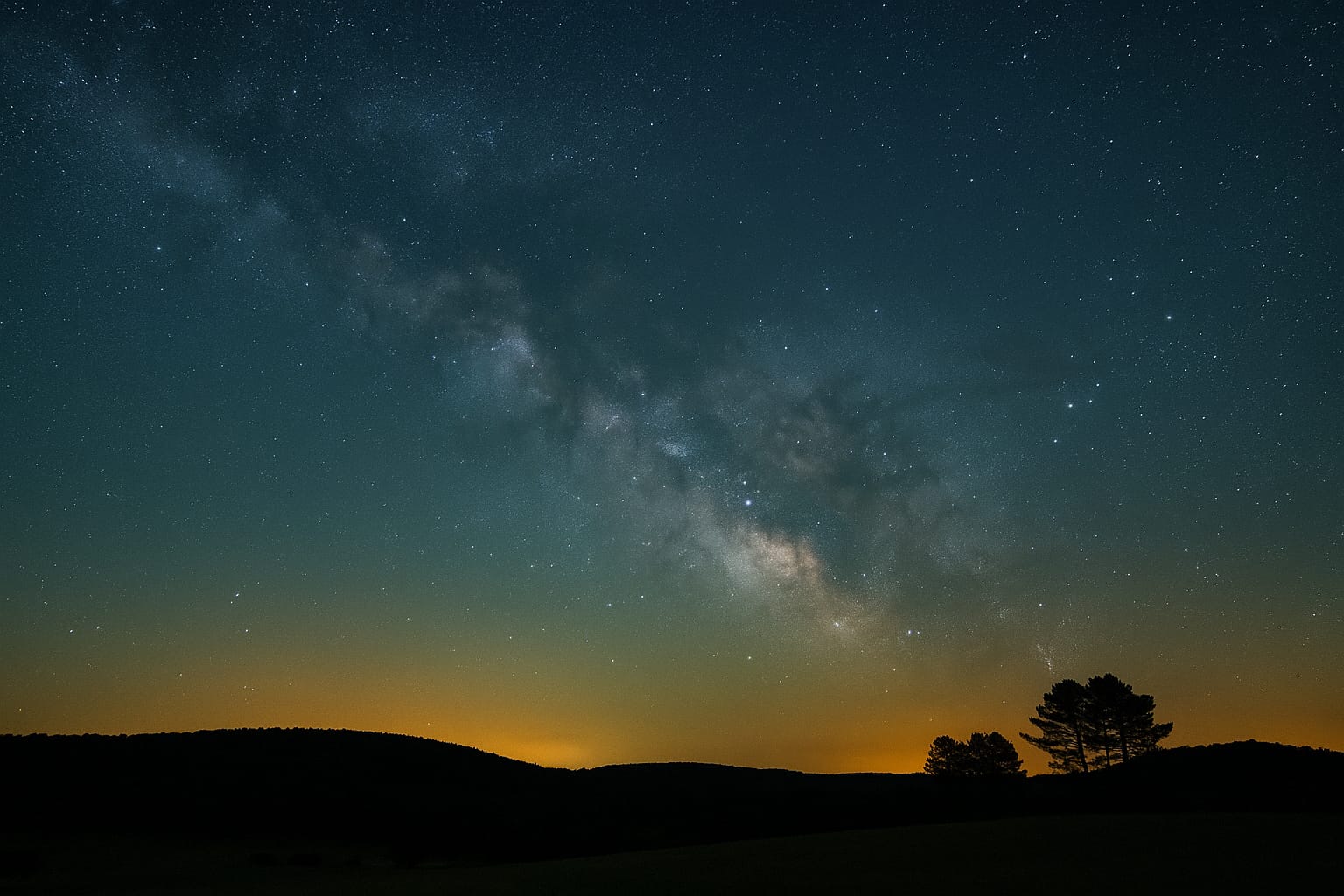 Cielo estrellado y Vía Láctea sobre un entorno rural en España para escapada de astroturismo