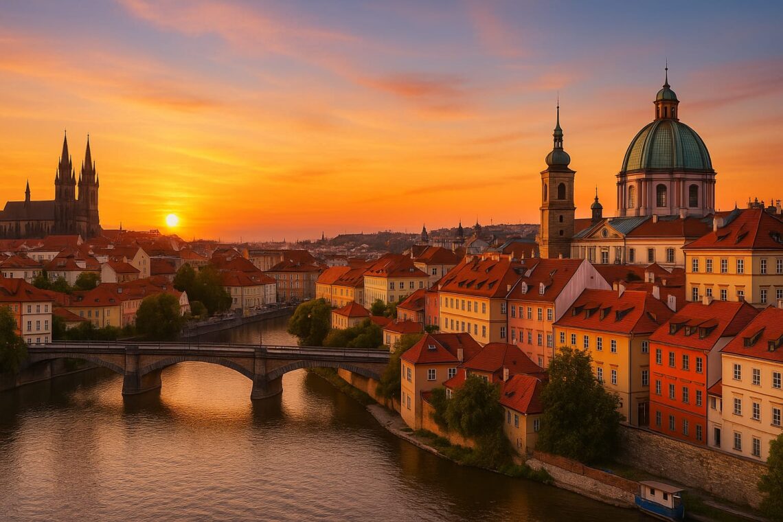 Vista panorámica de una ciudad histórica europea al atardecer con un río, puente y catedral