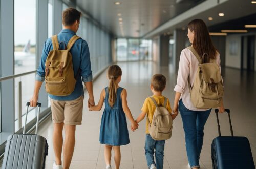 Familia con niños viajando en aeropuerto, listos para comenzar sus vacaciones