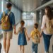 Familia con niños viajando en aeropuerto, listos para comenzar sus vacaciones