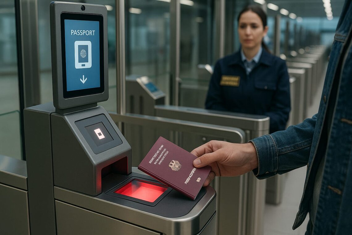 Viajero usando su pasaporte en un escáner automático de control fronterizo en un aeropuerto europeo, con oficial observando al fondo
