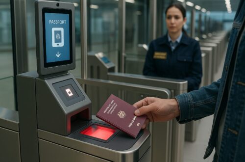 Viajero usando su pasaporte en un escáner automático de control fronterizo en un aeropuerto europeo, con oficial observando al fondo