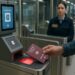Viajero usando su pasaporte en un escáner automático de control fronterizo en un aeropuerto europeo, con oficial observando al fondo