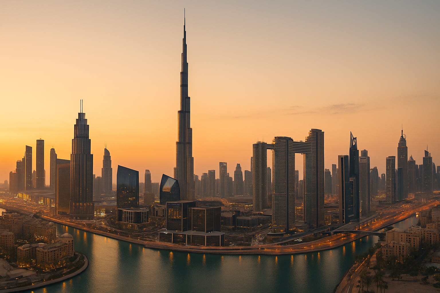 SKyline panorámico de Dubái al atardecer con hoteles y edificios de lujo