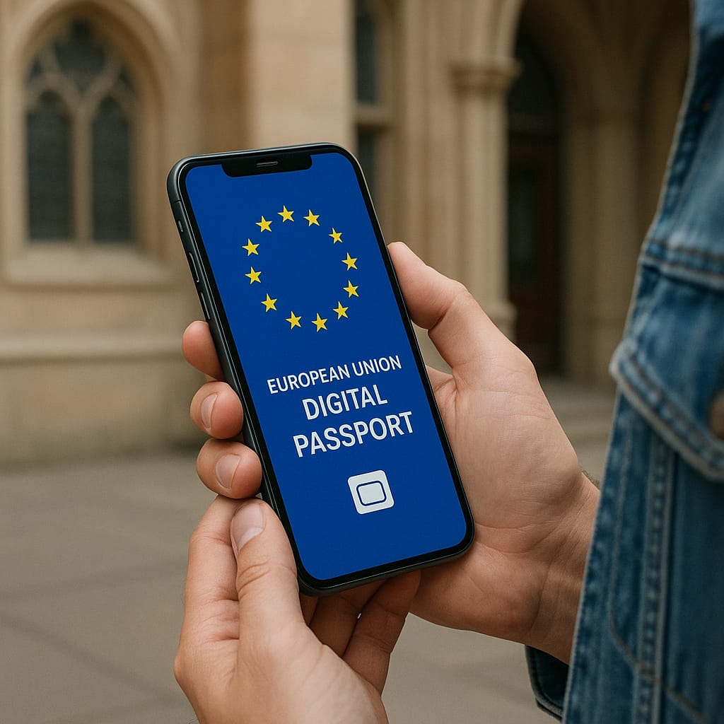 smartphone mostrando una aplicación de pasaporte digital de la Unión Europea frente a un edificio europeo
