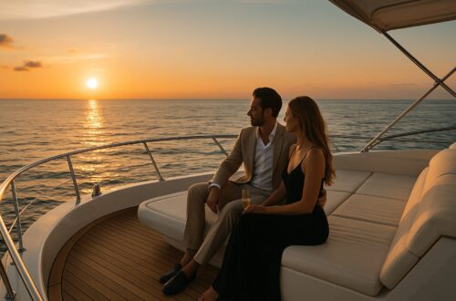 Pareja disfrutando de una experiencia VIP en yate de lujo al atardecer