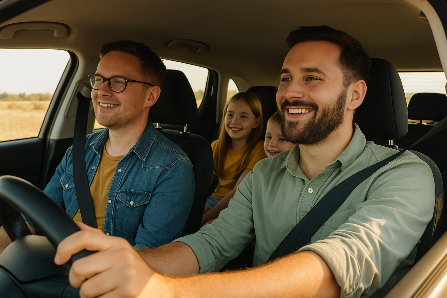 Familia homoparental viajando en coche con sus hijos durante las vacaciones