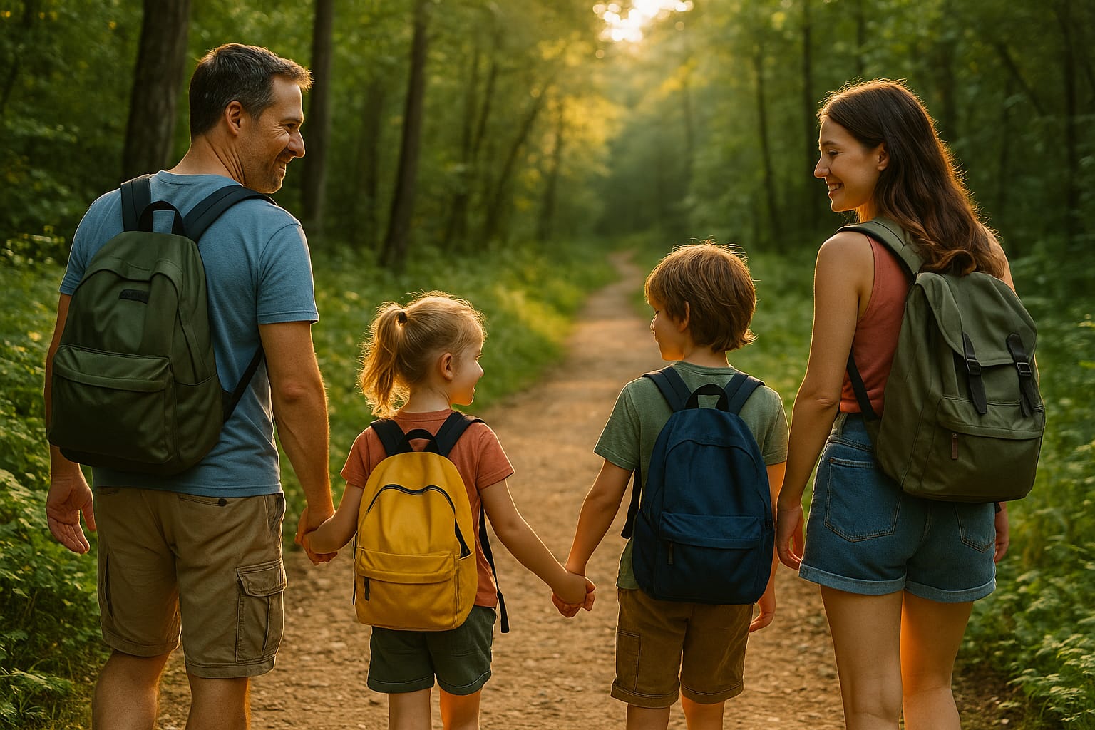 Familia con niños haciendo senderismo en la naturaleza durante un viaje