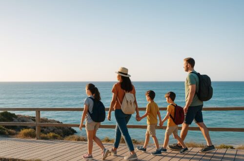 Familia viajando con niños por un paseo marítimo frente al mar durante sus vacaciones
