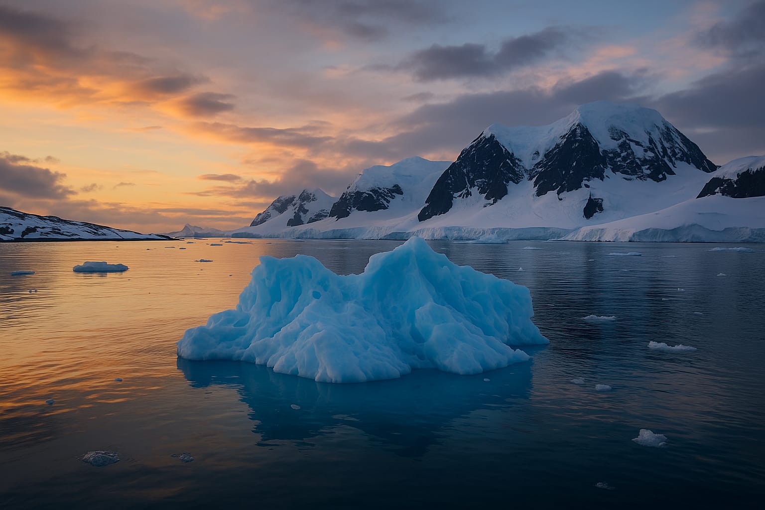 Vista panorámica de un iceberg flotando en la Antártida con montañas nevadas