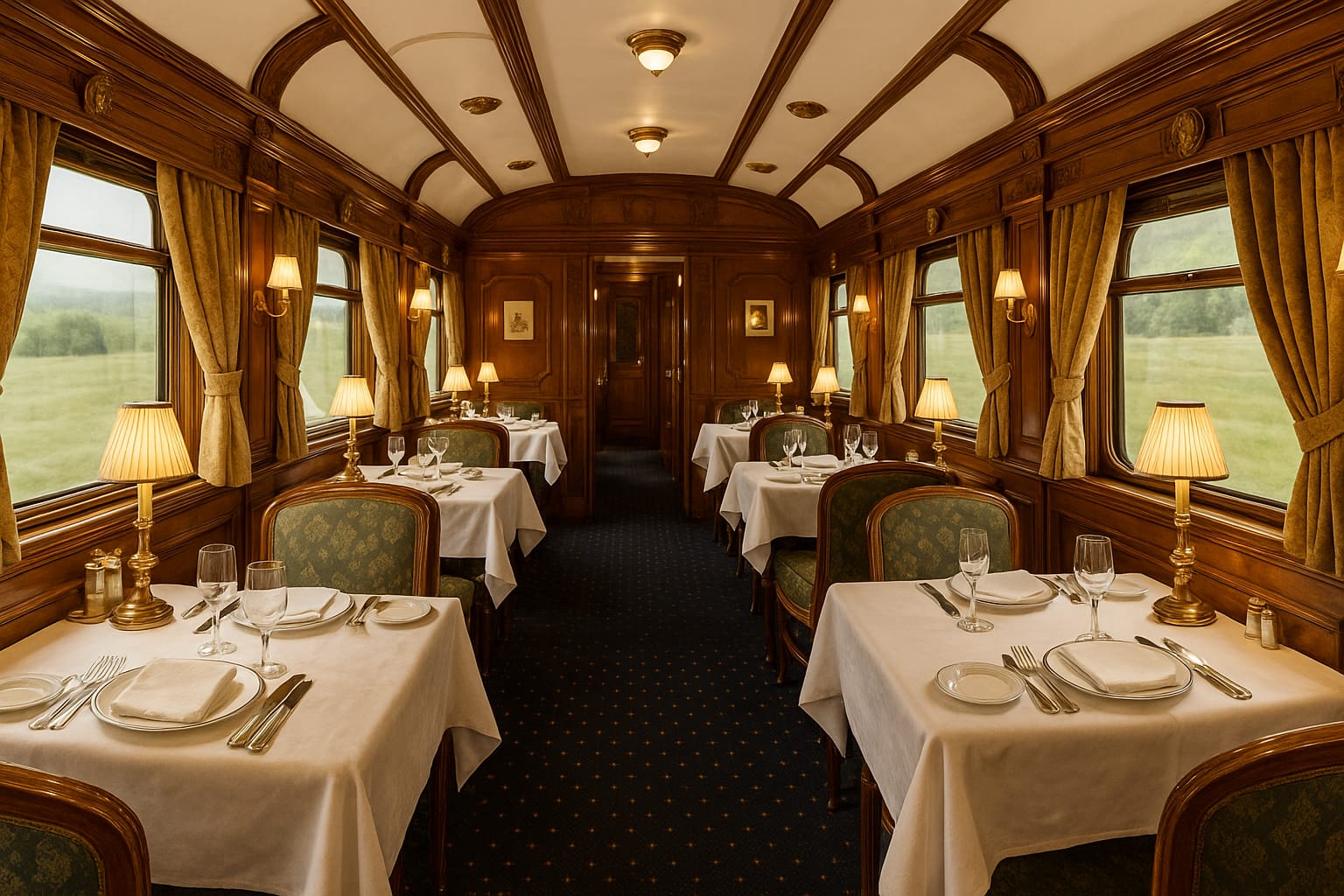 Interior histórico del Tren Al Andalus estilo Belle Epoque con salón comedor elegante