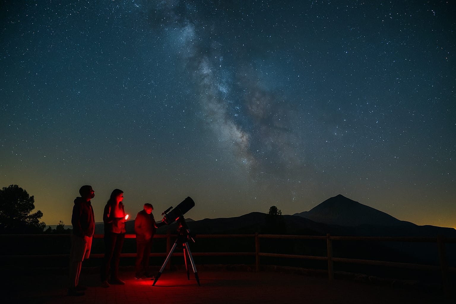 Grupo de personas observando esterllas con telescopio y luz roja en reserva Starlight en España