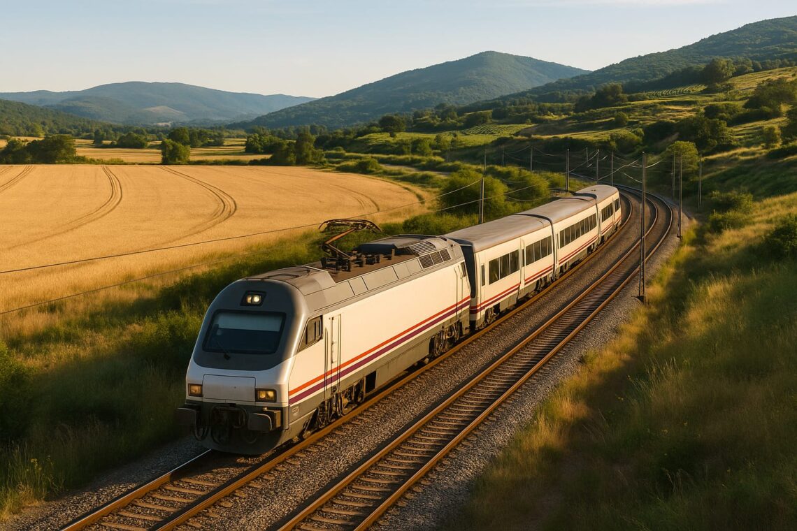 Tren moderno recorriendo paisajes de España al atardecer