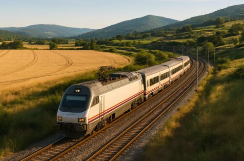 Tren moderno recorriendo paisajes de España al atardecer