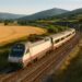 Tren moderno recorriendo paisajes de España al atardecer