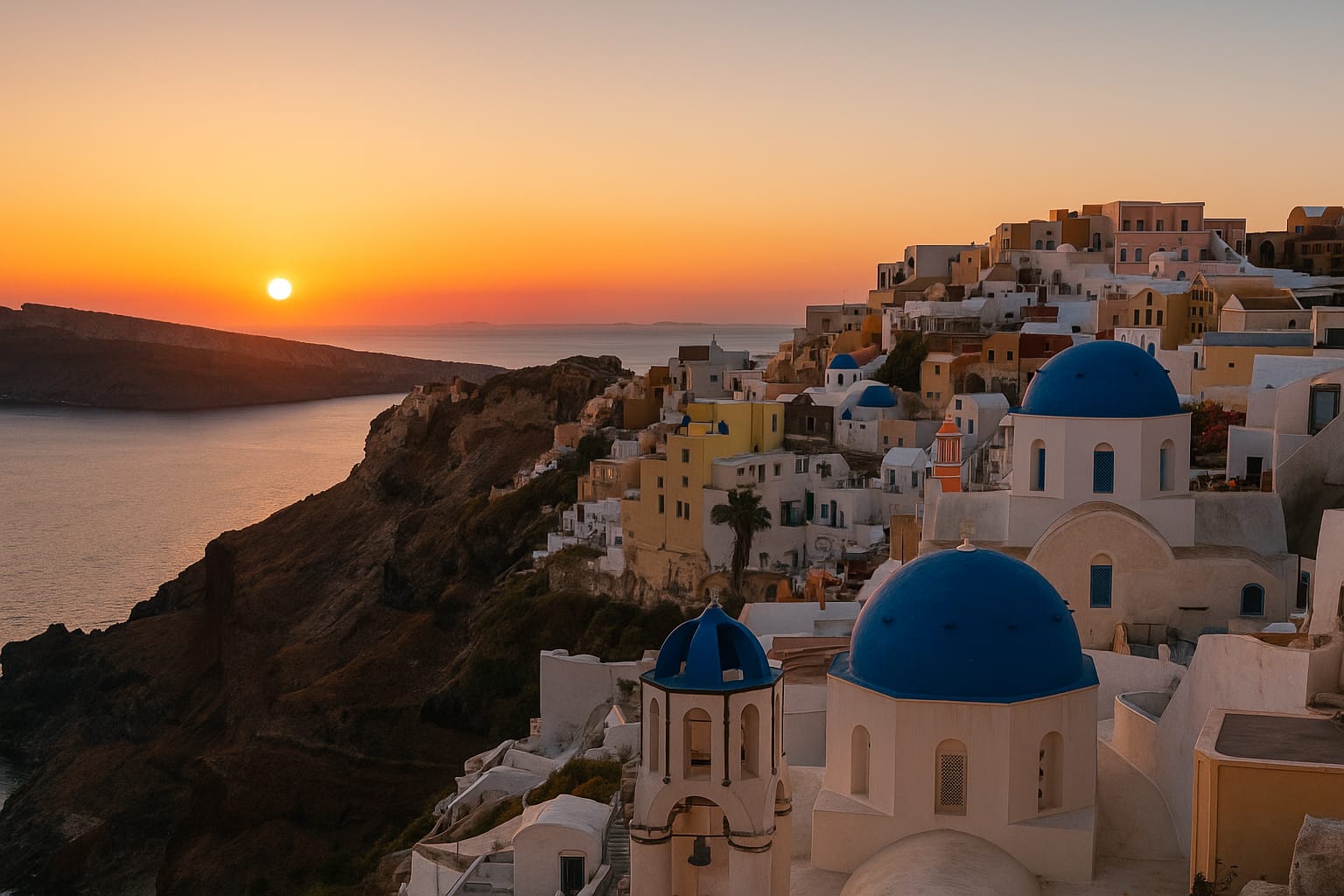 Casa blancas y cúpulas azules de Santorini iluminadas por el atardecer con el mar Egeo de fondo