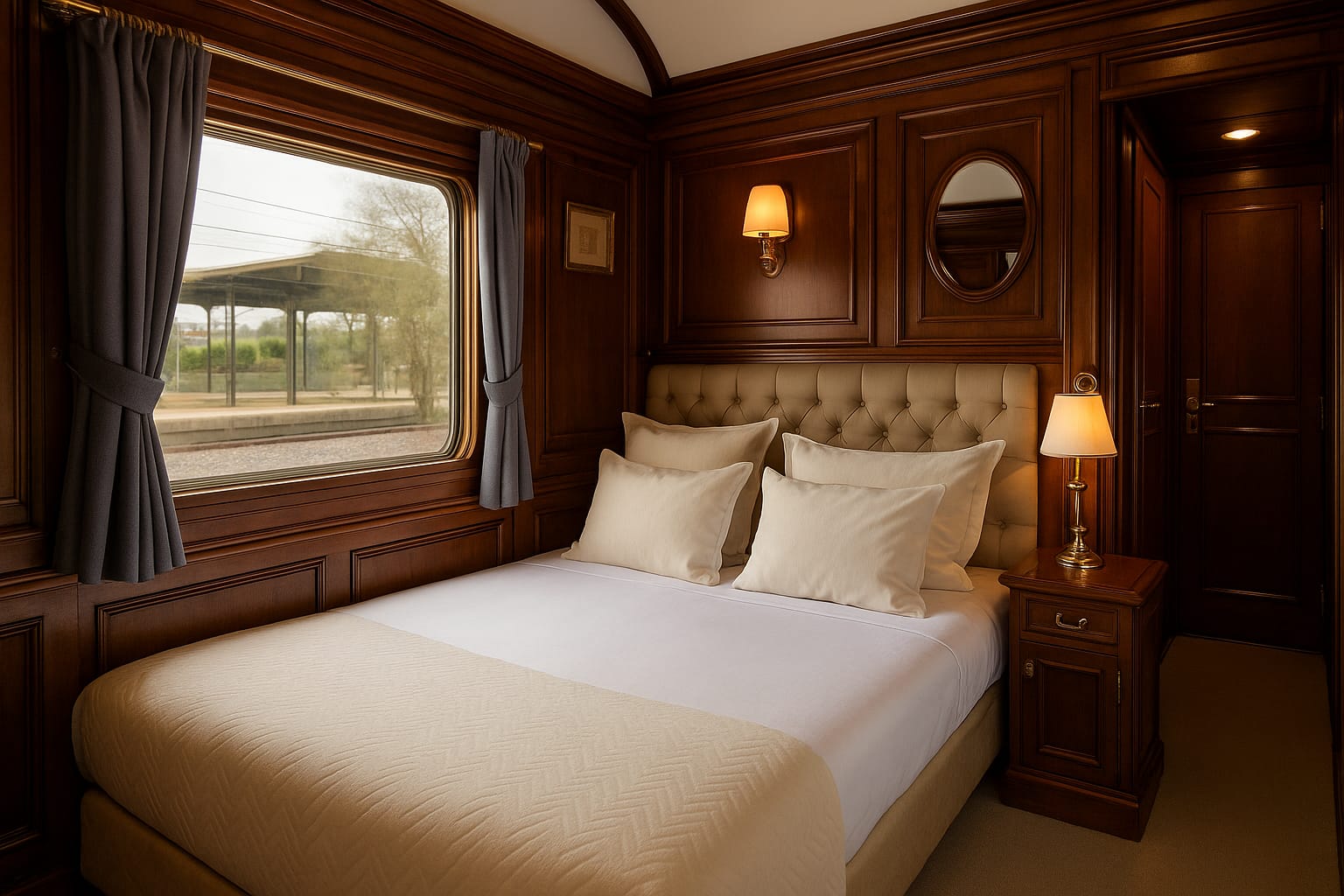 Suite de lujo en el Tren Al Andalus con cama doble y decoración clásica