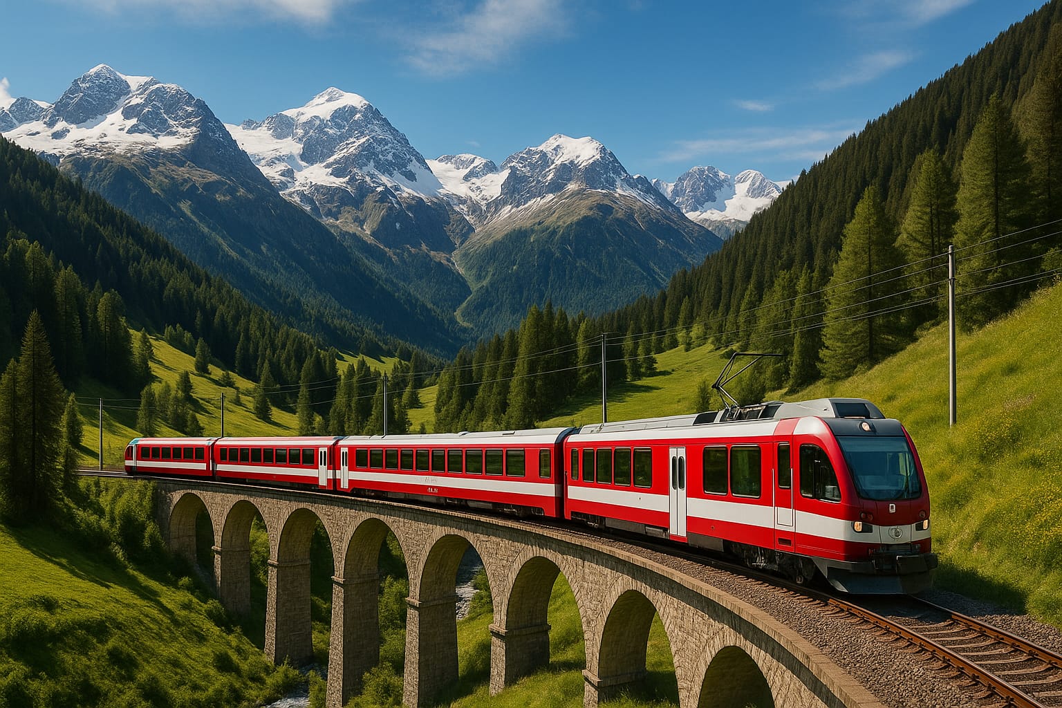 Tren panorámico rojo cruzando un viaducto en los Alpes suizos con montañas nevadas de fondo