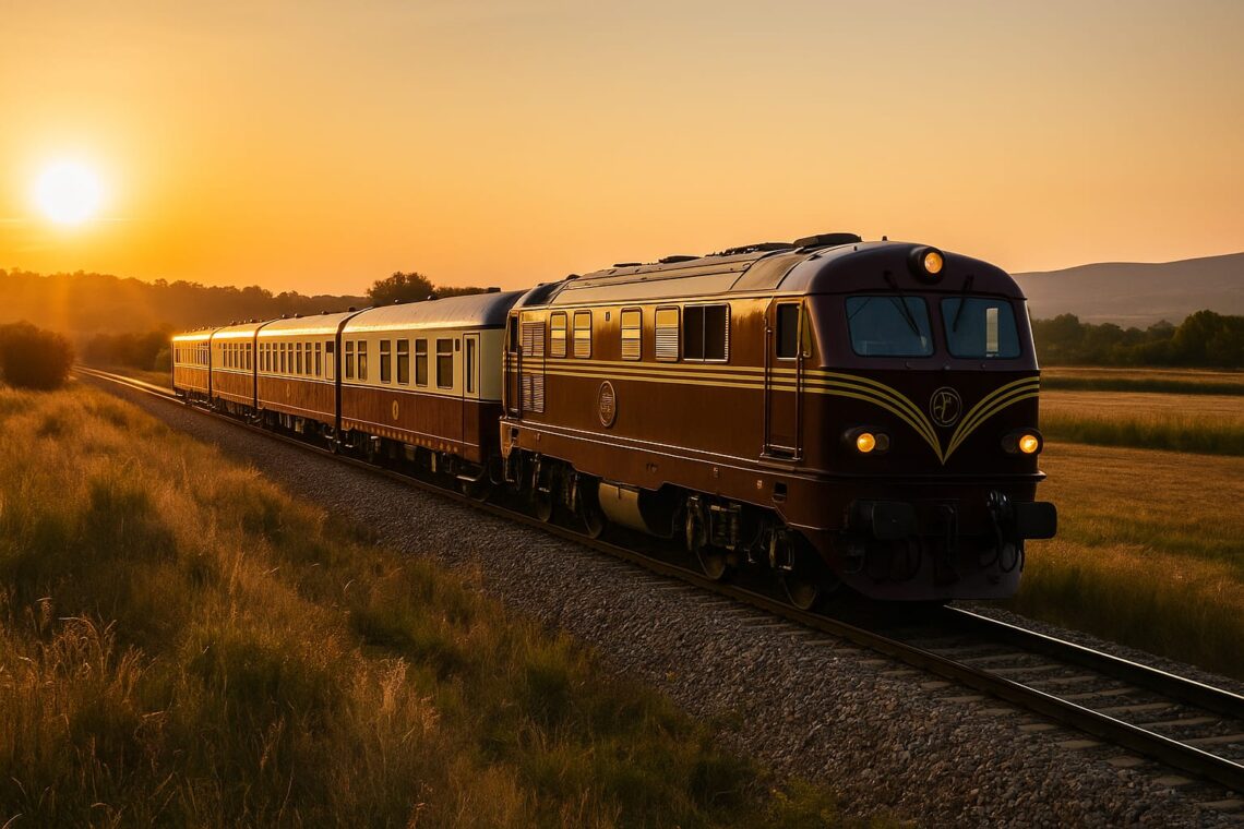 Tren turístico clásico recorriendo paisajes de España al atardecer