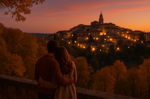 Pareja disfrutando de un atardecer romántico con visstas a un pueblo iluminado en España durante el otoño