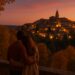 Pareja disfrutando de un atardecer romántico con visstas a un pueblo iluminado en España durante el otoño