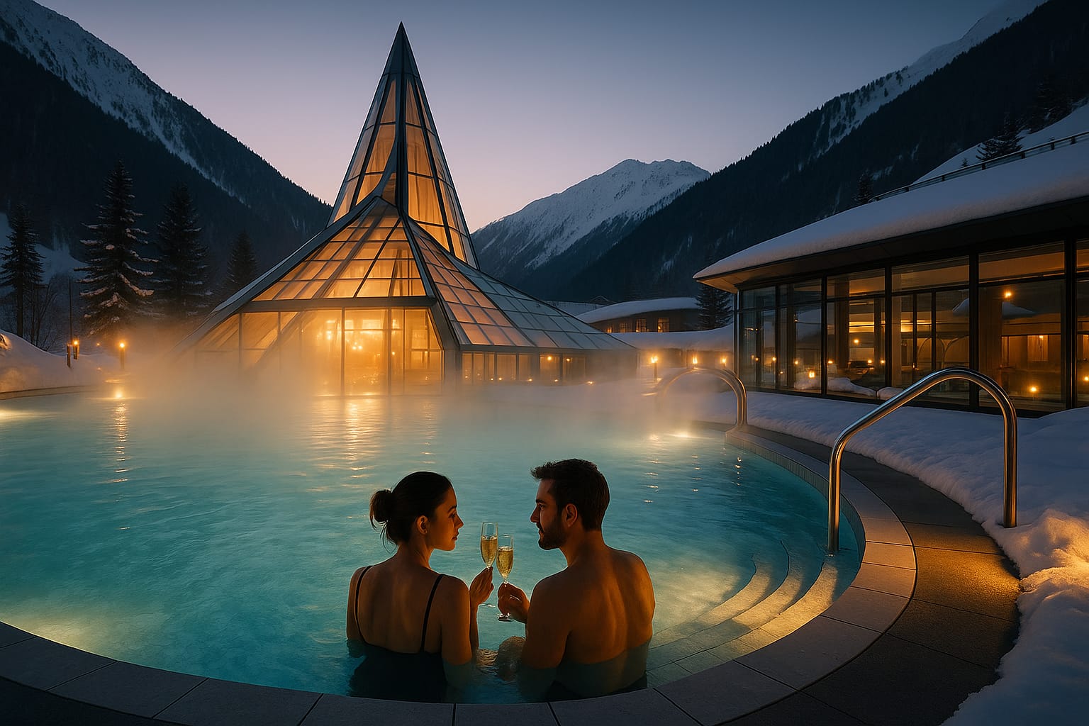 Balneario Caldea en Andorra con aguas termales exteriores y nieve alrededor