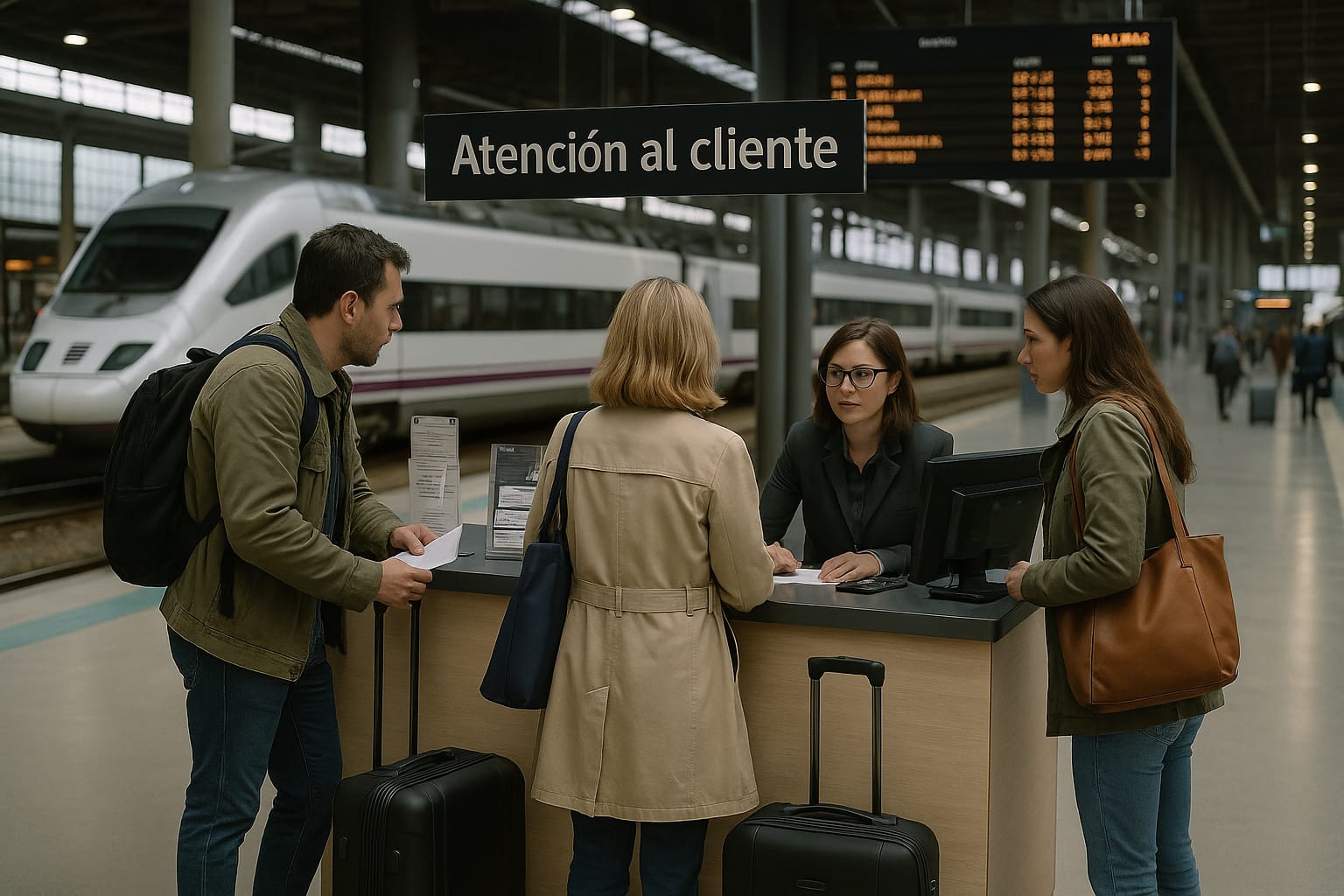 Pareja de pasajeros en el servicio de atención al cliente de una estación de tren española reclamando por una incidencia