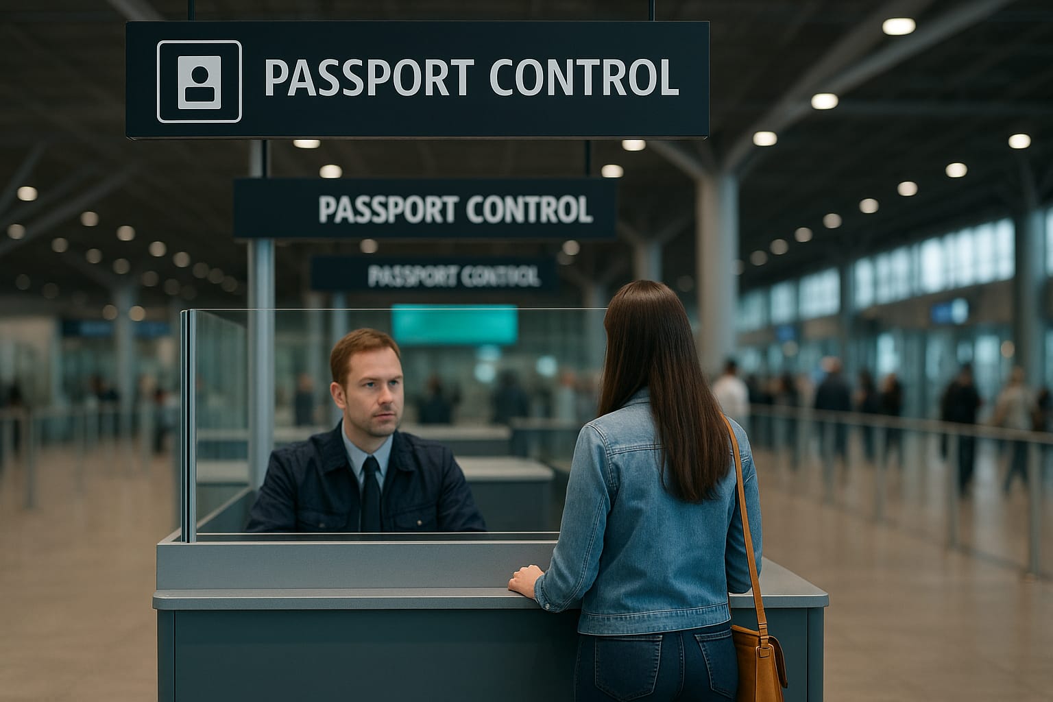 Pasajera mostrando su pasaporte en control fronterizo de aeropuerto internacional