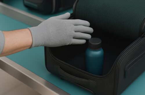 Control de seguridad en un aeropuerto europeo con maleta y botella, mostrando las nuevas normas de líquidos de hasta 2 litros y portátiles sin sacar