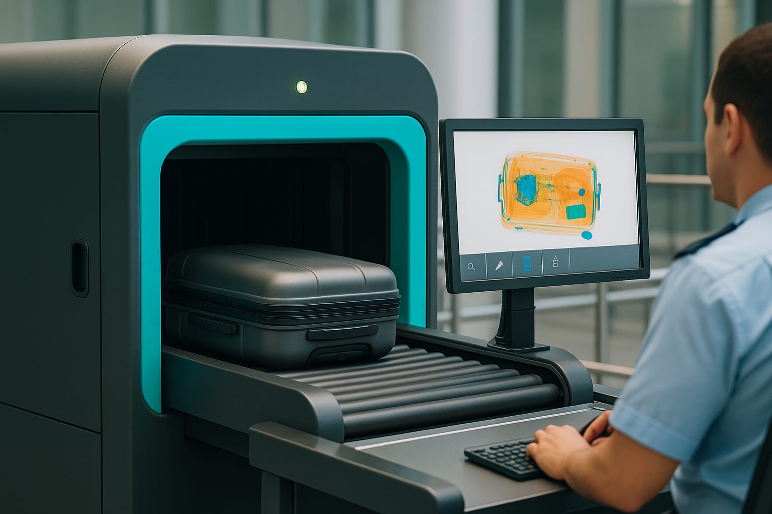 Escáner CT en un aeropuerto europeo mostrando la maleta en 3D en la pantalla, parte de las nuevas normas de seguridad con líquidos de hasta 2 litros y portátiles sin sacar desde 2026