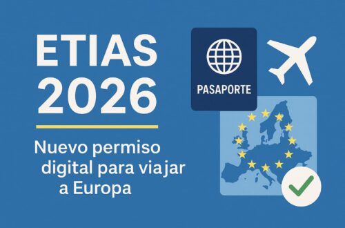 Ilustración del permiso digital ETIAS 2026 con pasaporte, avión mapa de Europa con la bandera de la UE