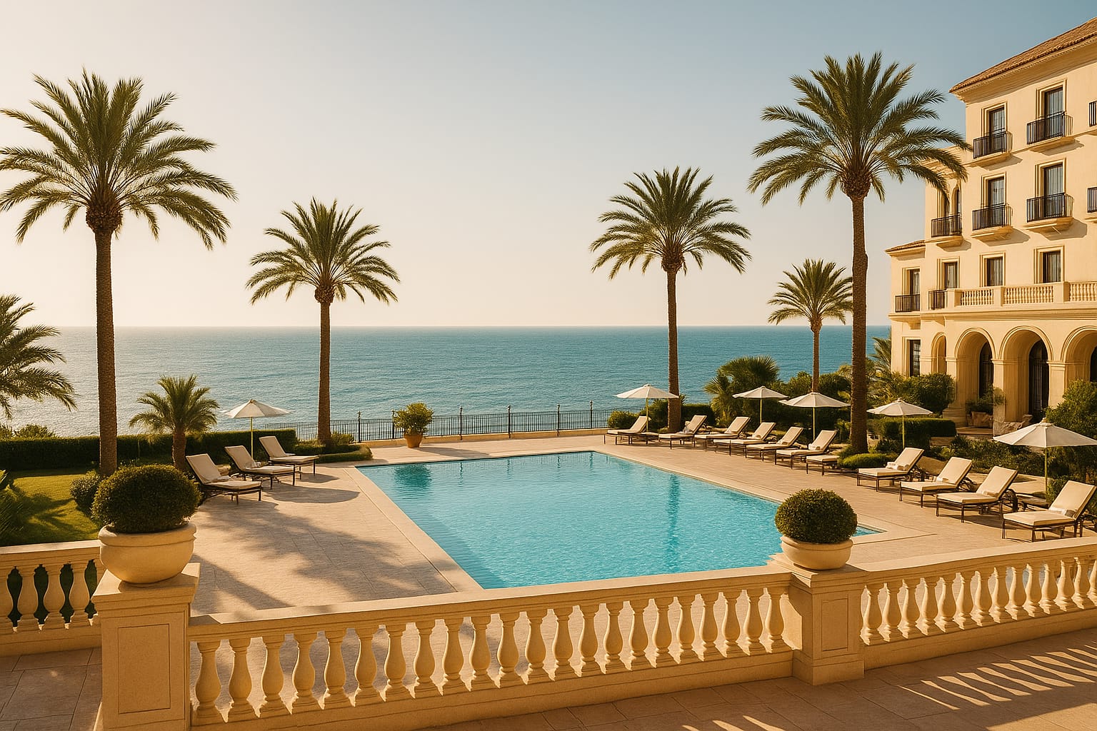 Hotel de lujo en Málaga frente al mar Mediterráneo con piscina infinita y palmeras en invierno
