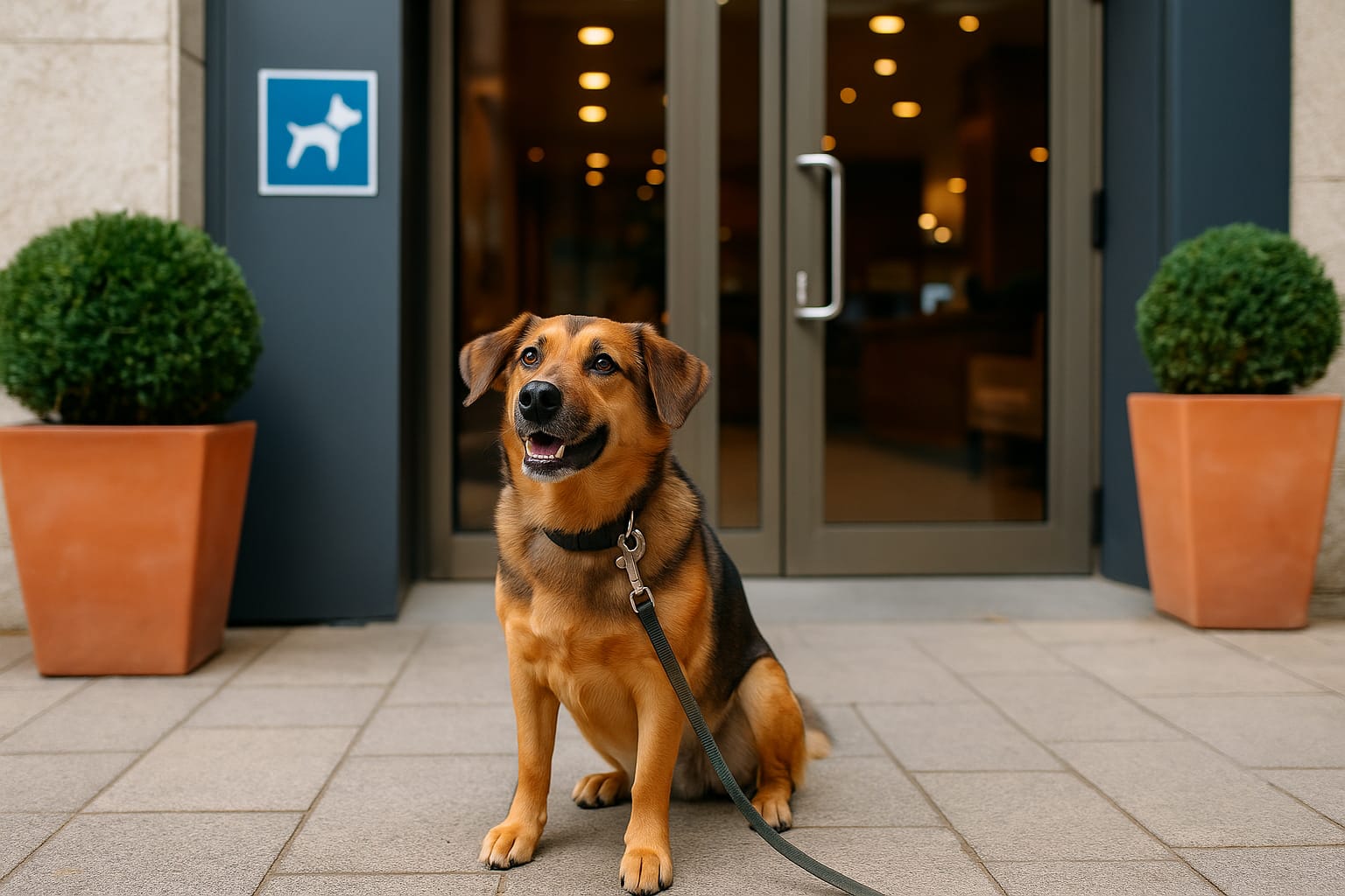 Perro sentado frente a la entrada de un hotel pet friendly en España en 2025