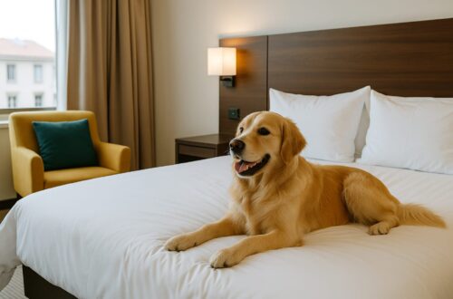 Perro en la cama de un hotel pet friendly en España en 2025
