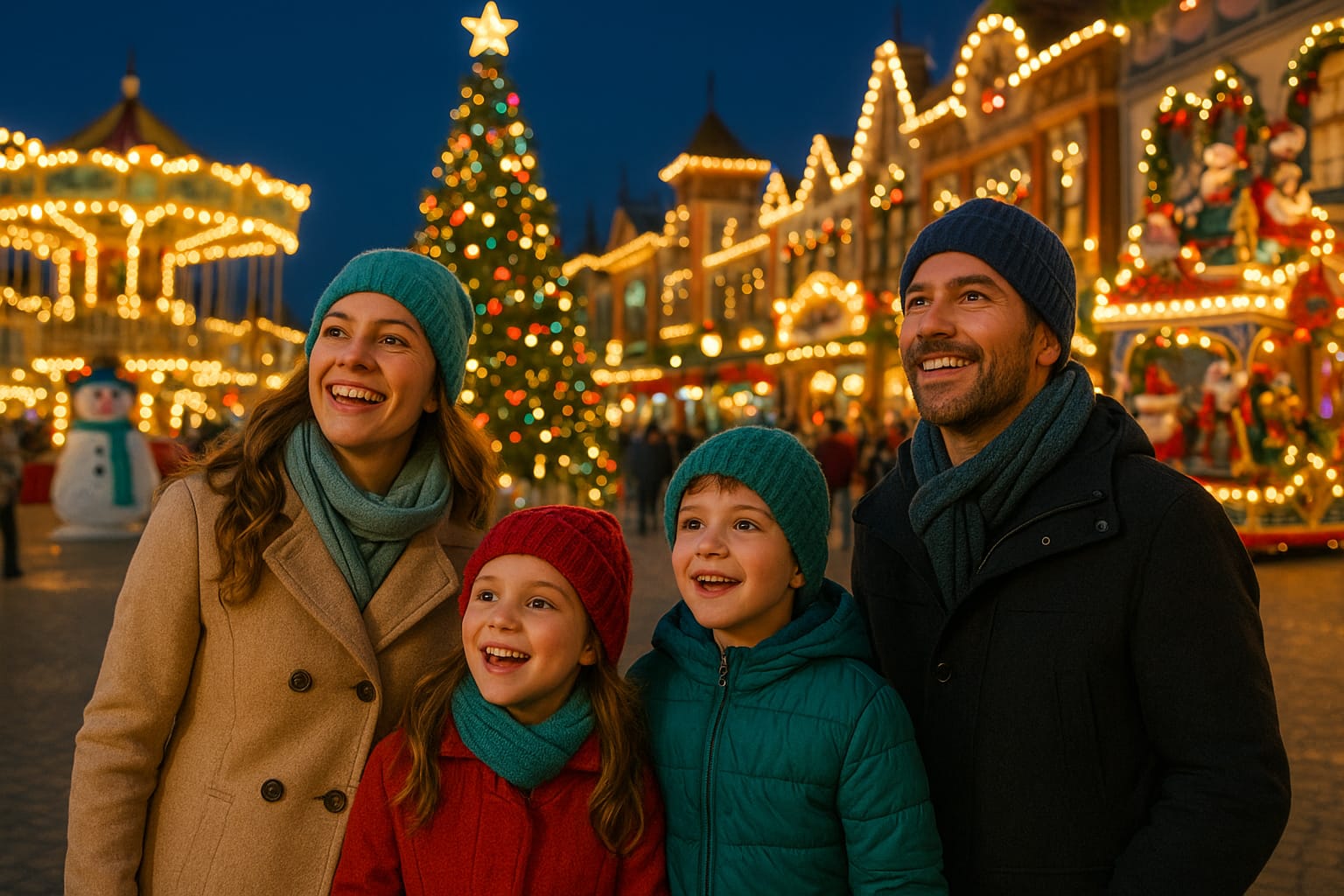 Familia con niños disfrutando en parque de atracciones en España en Navidad