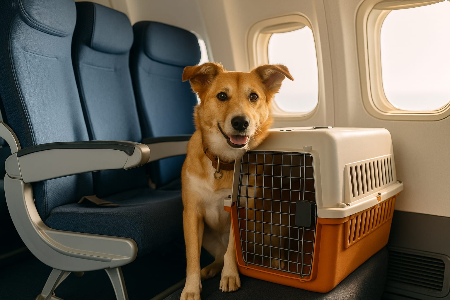 Perro junto a un transportín homologado en 2025